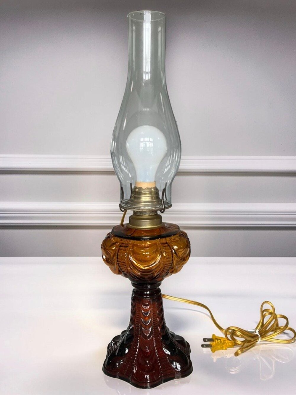 Vintage Coolidge Style Amber Glass Kerosene Lamp Converted to Electrical Supply